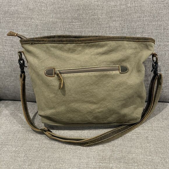Myra Bag Messenger Cotton Leather Green Brown Blue Pockets Hand Bag Purse - Picture 4 of 9